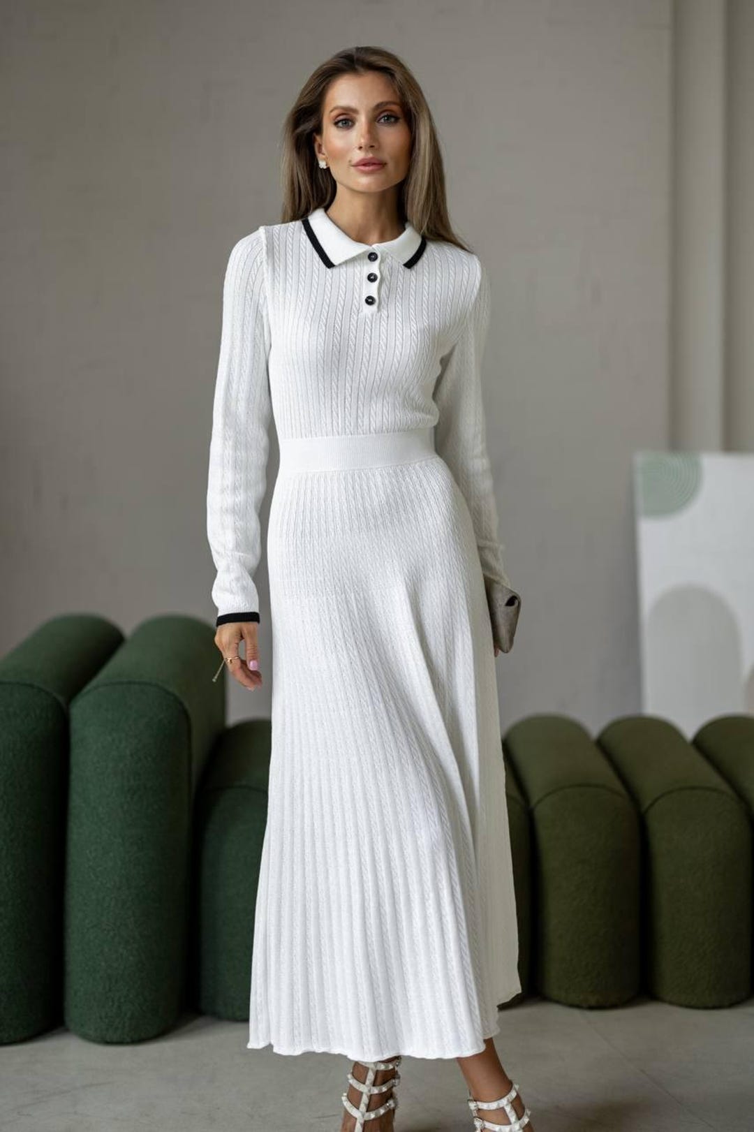 long sleeve collared knit dress Elegant for Women, Cotton Midi Dress, Ribbed Pleated Sweater Dress, Fall Winter Outfit, Clothing Gift for Her, Wife LD1550