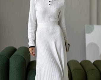 Elegantes Strickkleid für Frauen, Baumwoll Langarm Midi Kleid, Gerippter Falten Pullover Kleid, Herbst Winter Outfit, Kleidung Geschenk für Sie, Frau