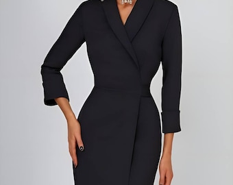 Elegant Wrap Midi Dress, Blazer Style Dress, Wedding Guest Dress, Formal Cocktail Dress, Office Party Dress for Women, Modern  Gift For Her