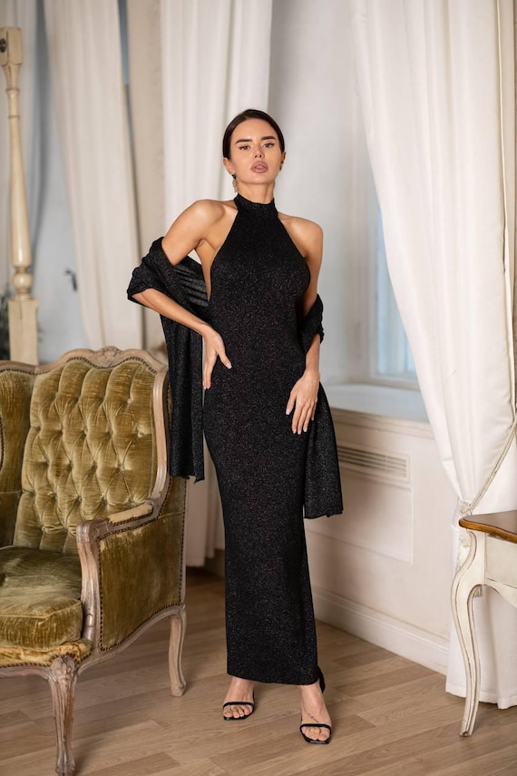 Elegant Knit Halter Maxi Dress With Open Back & Shawl, Homecoming Dress, Wedding Guest Dress, Perfect Clothing Gift for Her, Wife, Friend