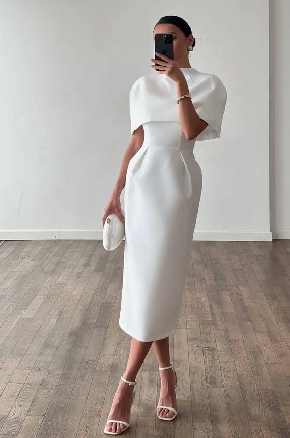 midi cape dress wedding guest Elegant Cape Dress Set, Black, Red & White Midi Dress, Wedding Guest Dress,  Formal Cocktail Dress, Homecoming Dress, Clothing Gift for Her