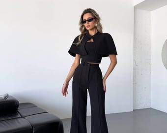 3 Piece Cape Suit Women Black, Corset Top + Wide Leg Trousers + Cape, Formal & Going Out Set, Wedding Guest Suit, Modern Gift For Her, Wife