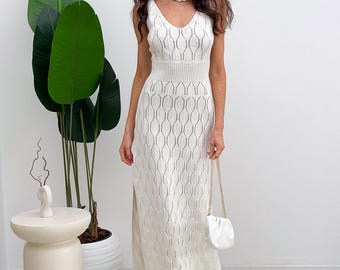 Knit Cotton Maxi Dress, Summer Sleeveless Fitted Dress, Neutral Colors, Elegant Outfit Boho Beach Look, Fisherman aesthetic, Gift for Her