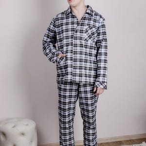 Men’s Flannel Pajama Set – Blue Plaid 100% Cotton Sleepwear | Soft Breathable Two Piece PJs for Him | Gift for Dad, Husband, Boyfriend