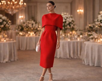 Puede incluir: Una mujer con un vestido rojo con una parte superior tipo capa y un clutch blanco está en un salón de baile. El vestido llega a la rodilla y se combina con tacones blancos. El fondo presenta mesas con arreglos florales y candelabros.