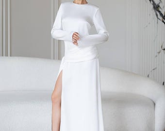 Satin Maxi Dress, Long Sleeve Slit Dress, Wedding Guest Dress, Long Evening Gown, Formal Party Prom Dress, Bridesmaid Dress, Clothing Gift