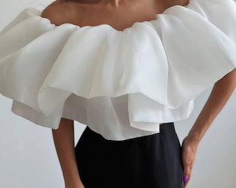 Off Shoulder Ruffle Blouse for Women, Statement Party Top, Dramatic Flounce Top for Special Occasion, Personalized Clothing Gift For Her