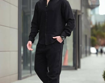 Completo da uomo in 2 pezzi, camicia e pantaloni in lino, look estivo boho, vestibilità comoda, look da vacanza, regalo per marito, papà, fidanzato, sposo