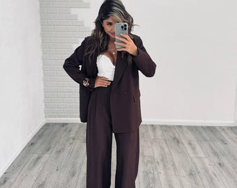 Business Women’s Tailored Suit, Luxury Blazer & Palazzo Pants Set, Elegant Office Outfit, Modern Chic Look, Clothing Gift for Her, Wife, Mom