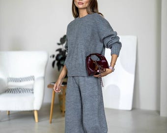 2 Piece Knit Lounge Set Women – Cozy Wool Blend Sweater & Pants, Knit Outfit, Minimalist Fall Winter Matching Set, Clothing Gift for Her