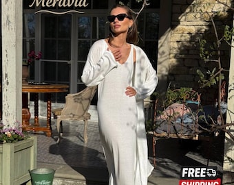 2 piece knitted dress for women Summer Cotton Set – Knit Maxi Outfit with Cardigan, Light Boho Beachwear, Vacation Matching Set, Gift Idea for mom Crochet
