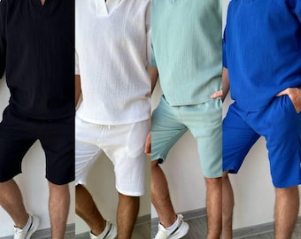 Men’s Muslin Two-Piece Set – Linen Look Shirt and Shorts, Summer Beach Outfit, Soft Breathable Loungewear, Vacation Wear, Gift for Him, Dad