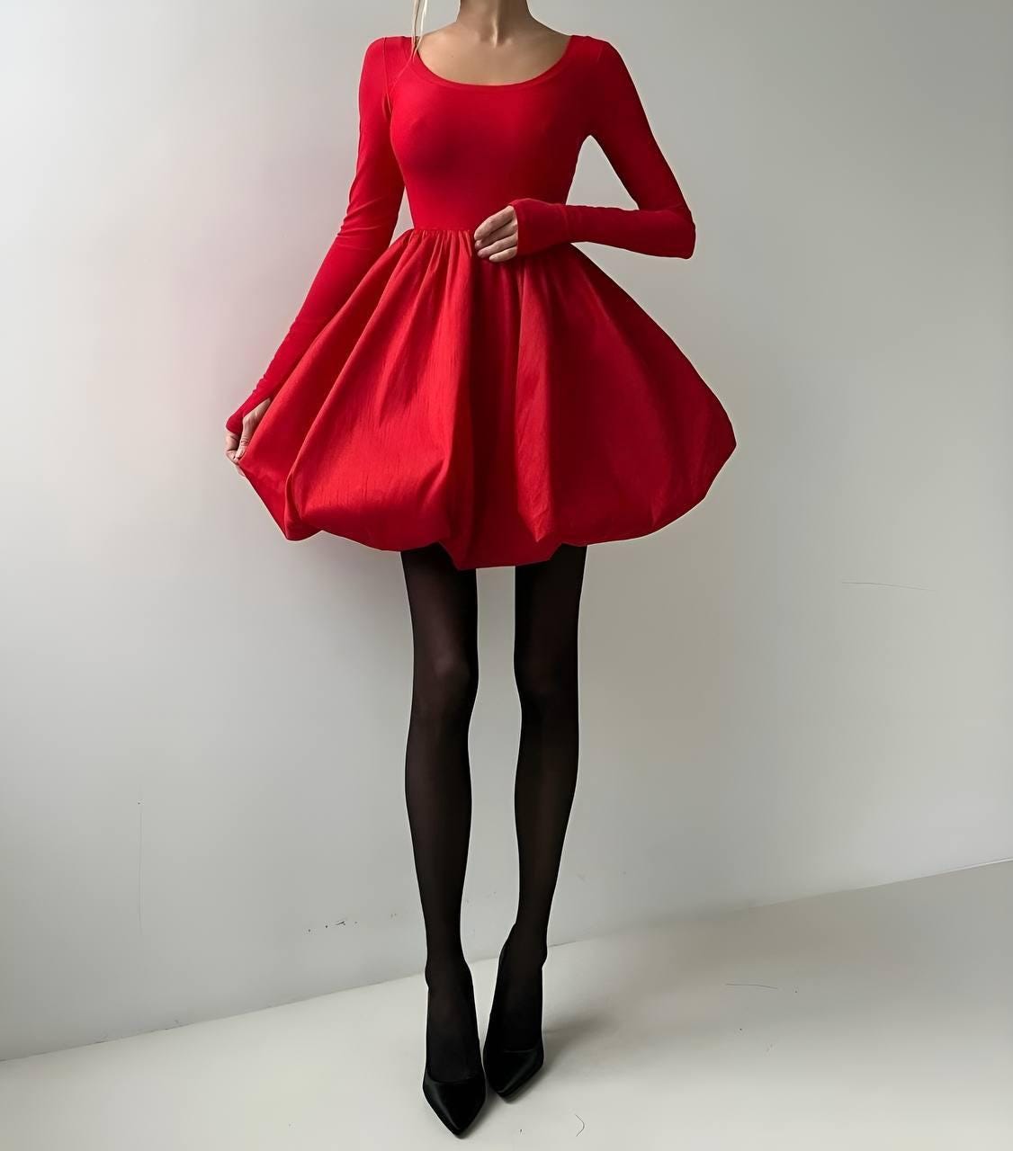 bubble skirt dress long sleeve Black Bubble Hem Dress