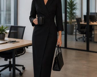 Elegant Wrap Midi Dress, Blazer Style Dress, Wedding Guest Dress, Formal Cocktail Dress, Office Party Dress for Women, Modern  Gift For Her