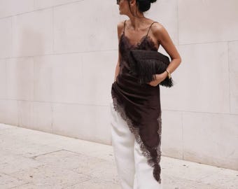 Satin Lace Camisole Top - Dress, Asymmetrical Slip Blouse, 90s style cami, Brown Black  Lingerie Top, Wedding Guest Top,Modern Gift For Her