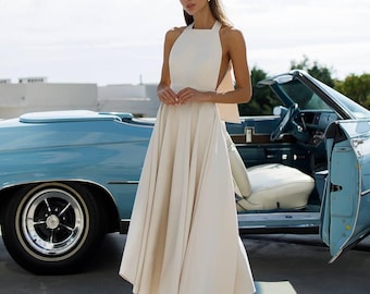 Wedding Guest Dress,  Elegant Midi Dress, Open Back, Bridesmaid Dress with Flared Skirt, Prom Dress, Simple Wedding Dress, Clothing Gift