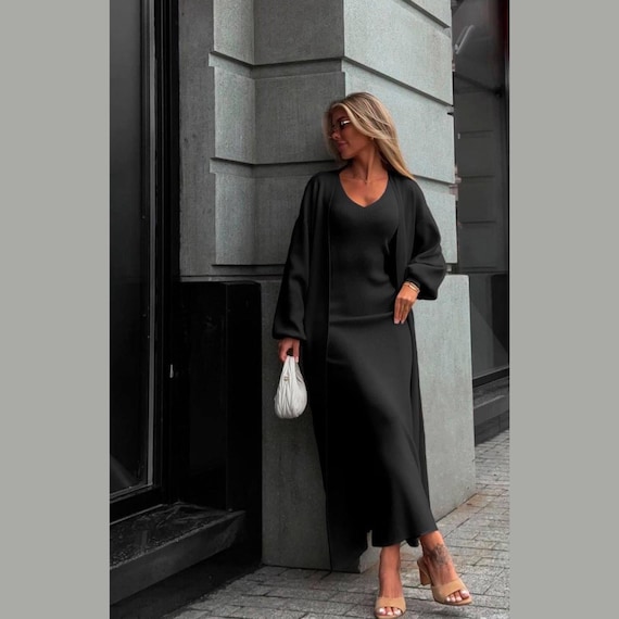 black maxi dress and cardigan 2-piece Knit Set, Women's With Belted Cardigan, Soft Knit Fabric, Beige & Black, Everyday or Evening Outfit,birthday Gift for Her Sleeveless dress Color:Blue Stripe womenswear-apparel-dresses Bridal Back Jewelry Clip effortlessly transitioning from day