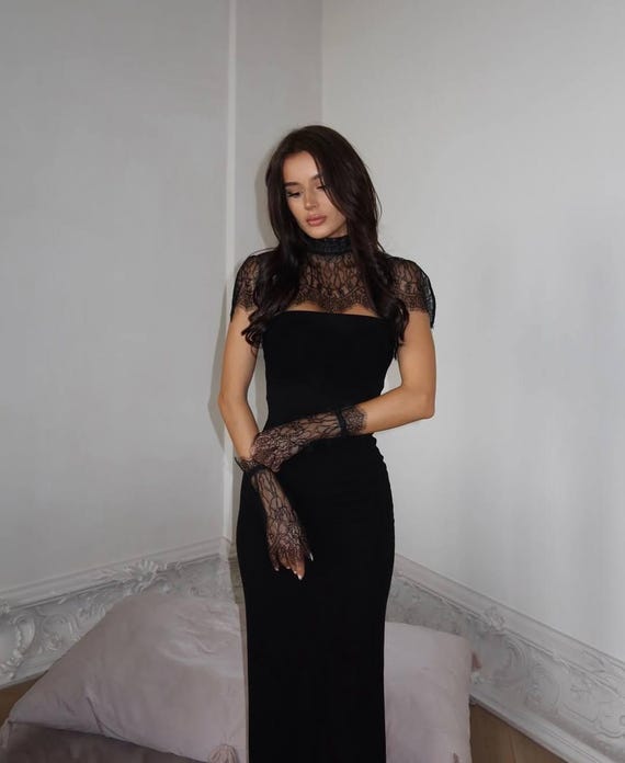 classic style dress sets Black Lace Evening Set, Bodycon Maxi Dress with Lace Collar & Cuffs, Elegant Evening, Homecoming Dress, Clothing Gift for Her, Wife classic elegant style woman 12 Ankle Boot Outfits Travel Maxi Dress This elegant evening gown Size:OLD 3T/NEW 2T