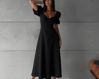 Elegant Midi Dress for Women, Black or White Puff Sleeve Cocktail Dress, Wedding Guest Dress, Reception, Prom Dress, Modern Gift For Her