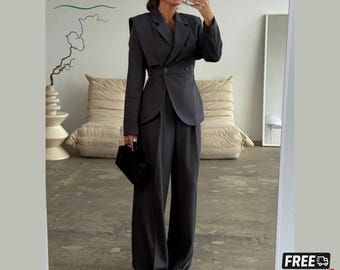 Traje de pantalón de dos piezas para mujer, elegante traje formal de negocios con pantalón de pierna ancha y blazer ajustado, atuendo de noche chic, regalo para esposa.