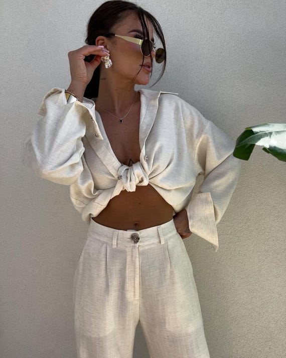 Linen PantSuit for Women, Summer Linen Set Shirt + Wide-Leg Pants, Natural Linen Blend, Casual Boho, Clothing Gift for women, mom, sister