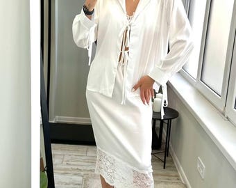 3 Piece Satin Pajama Style Set Women, Lace Trim Skirt + Silk Look Shirt + Bralette, Wedding Guest Suit, Modern Gift for Her, Treat Yourself