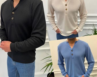 Men’s Waffle Knit Henley Shirt, Casual Long Sleeve Pullover for Everyday Wear, Summer Autumn Winter Outfit, Gift for Him, Husband, Boyfriend