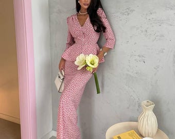 Polka Dot Skirt Suit For Women, Peplum Blouse + Maxi Skirt, French Chic, Parisian Style, Matching Set, Pink or Brown,Clothing Gift for Her