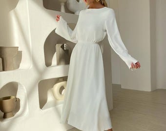 Minimalist Open Back Midi Dress, Elegant Civil Wedding Dress, Evening Outfit, Bridal, Wedding Guest, Homecoming, Cocktail Dress,Gift For Her