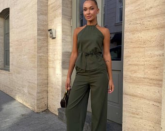 Linen Summer Suit  for Women, Open Back Halter Top + Wide Leg Pants, Vacation Outfit, Resort Wear, Lightweight Two Piece Set, Clothing Gift