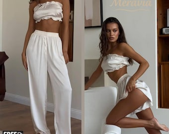 Conjunto de pijama de seda de 3 peças, roupa de dormir feminina em cetim, top cropped sem alças + shorts + calça, elegante presente para ela, mãe, amiga ou filha.