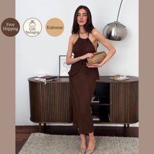 Knit Outfit Set – Reversible Halter Top & Skirt | Brown Summer Knitwear | 2 Piece Boho Clothing | Sleeveless Tank + Midi or Maxi Skirt