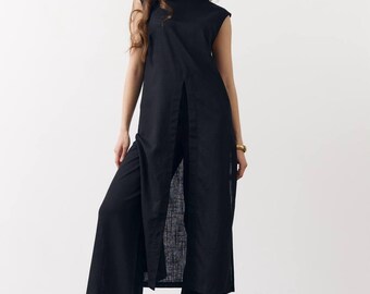 Linen Tunic+Wide Leg Pants Suit Set Women, Natural Linen Co-ord, Resort Wear, Vacation Outfit,Black,Blue,White or Beige, Modern Gift for Her