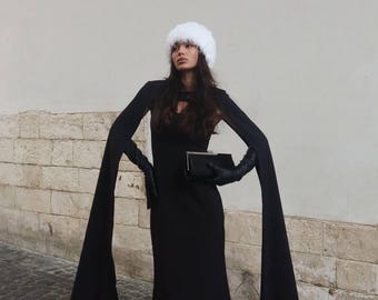 Elegant Cape Dress, Long Evening Dress with Cape, Modern Formal Outfit for Wedding, Cocktail & Special Events, Personalized Clothing Gift