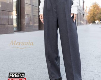 Wool Blend Wide-Leg Pants – Elegant Palazzo Trousers for Women, High-Waisted Winter Pants, Soft Knit Fabric, Office & Casual Look, Fall Gift