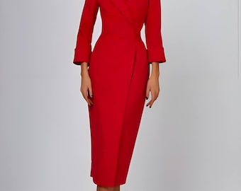 Elegant Wrap Midi Dress, Blazer Style Dress, Wedding Guest Dress, Formal Cocktail Dress, Office Party Dress for Women, Modern  Gift For Her