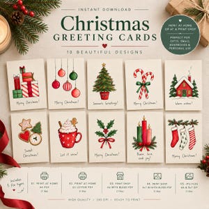 Pode incluir: Um conjunto de dez cartões de Natal digitais com ilustrações em aguarela de presentes, ornamentos, árvore, bengalas doces, casa, bolachas, cacau, azevinho, velas e meias com textos como Merry Christmas e Warm wishes.