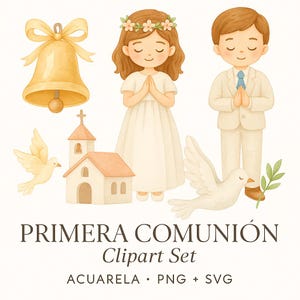 Clipart Mi Primera Comunión en Acuarela - Pack Digital de Niños, Símbolos Religiosos, Palomas y Cruz - PNG + SVG