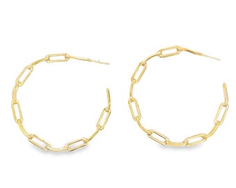 May include: A pair of gold-colored hoop earrings. Each earring is crafted from a chain-link design, with elongated rectangular links forming a circular shape. The earrings are displayed against a white background.