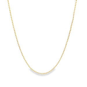 May include: A delicate gold-colored ball chain necklace. The necklace is composed of small, evenly spaced spherical beads. The chain is displayed against a white background, highlighting its simple elegance. A classic jewelry piece.