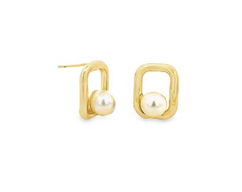 Pendientes de perla rectangulares pequeños / Pendientes de perla rectangulares / Joyería minimalista de perla / Joyería al por mayor