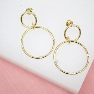 18K Gold Filled Double Hoop Earrings With CZ Cubic Zirconia Stones (K117)