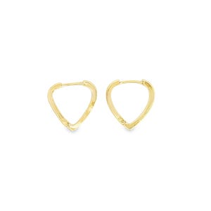 May include: A pair of gold-colored, triangular hoop earrings. The earrings have a simple, geometric design and a polished finish. The hoops are designed to be worn through pierced ears.
