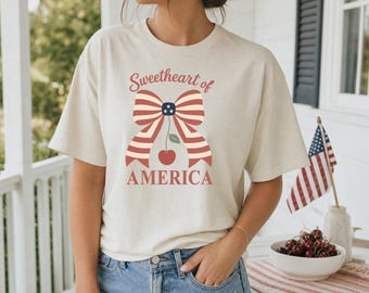 4th of July Shirt | American Sweetheart | Coquette Bow Tee | Cherry Graphic Tee | Patriotic Bow Shirt | Comfort Colors Top