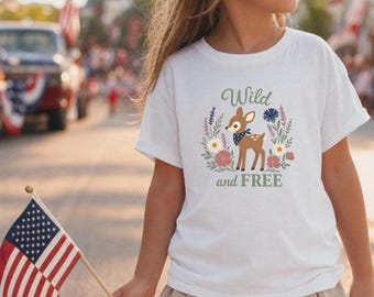 4th of July Shirt | Kids 4th of July | Wild and Free Shirt | Patriotic Girl Tee | Youth Deer Top | Boho Fawn Tshirt | Americana Girl Tee