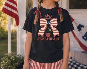 4th of July Shirt | Girls Patriotic Tee | Lil Sweetheart | Coquette Bow Shirt | Americana Cherry Tee | Comfort Colors Youth