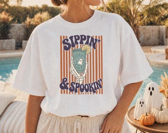 Spooky Season Tee | Summerween Shirt | Skeleton Hand Tee | Retro Ghost Shirt | Halloween In July | Funny Drinking Tee | Comfort Colors