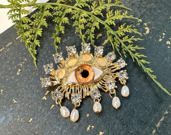 All-Seeing Eye Brooch • Gold Crystal Eye Pin with Pearls • Mystical Statement Jewelry Gift