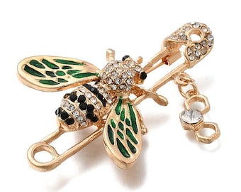 Crystal Bee Brooch • Green Enamel Wings, Gold Safety Pin Style