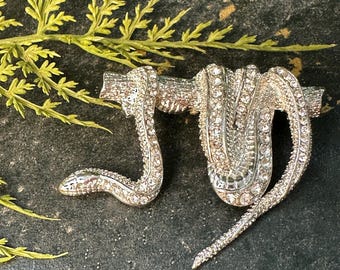 Silver Rhinestone Snake Brooch – Gothic Serpent on Branch Pin